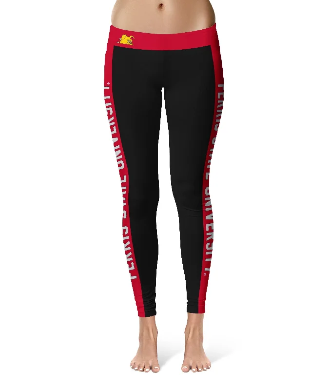 Ferris State University Bulldogs Game Day Red Stripes Black Yoga Leggings for Women by Vive La Fete