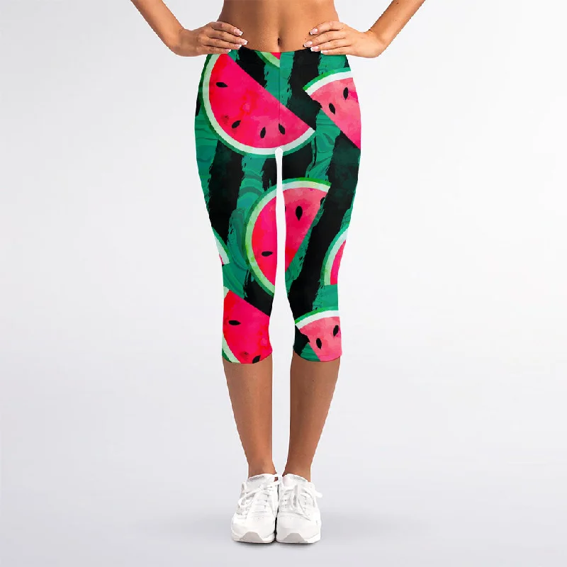 Green Striped Watermelon Pattern Print Women's Capri Leggings Cozy Fashion Leggings