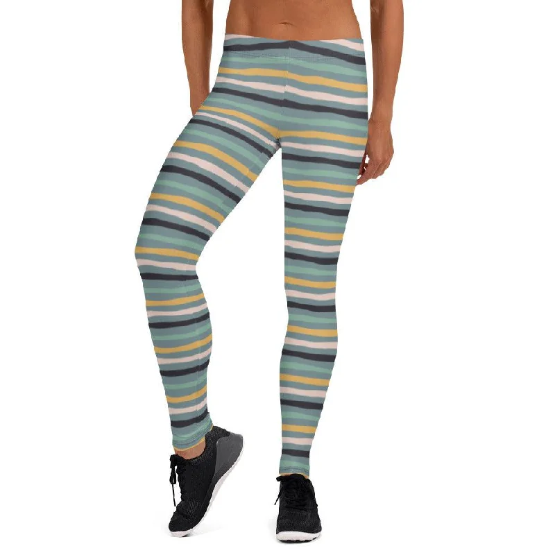 Green Tropical Stripes Women's Mid-Rise Leggings Comfortable Power Mesh Leggings