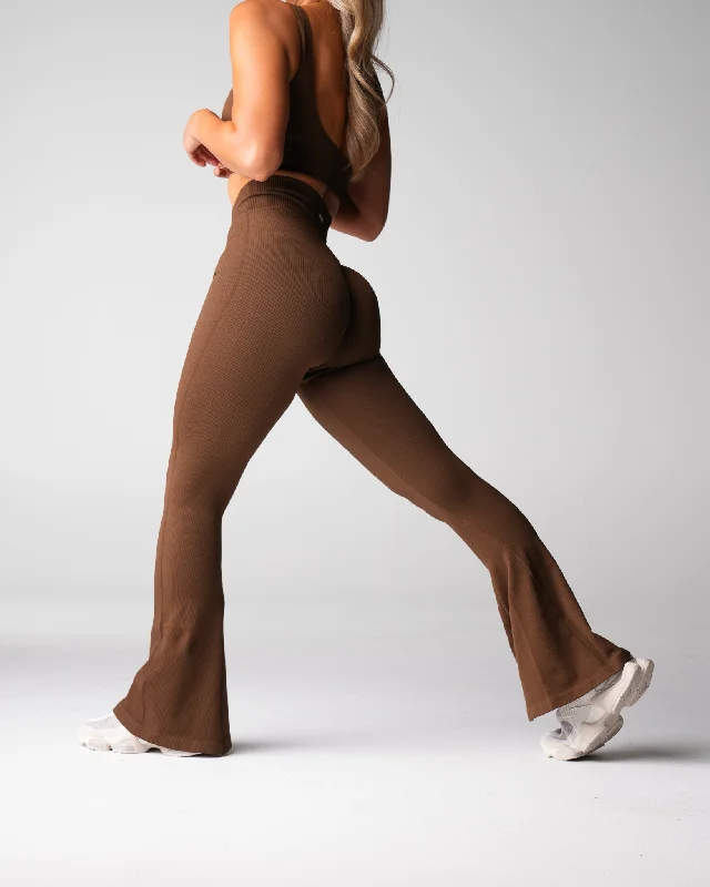 Hazelnut Harmony Ribbed Seamless Flare Leggings Trendy Color Block Leggings