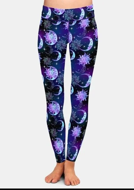 Ladies Beautiful Night Sky Sun Moon and Stars Digital Printed Leggings