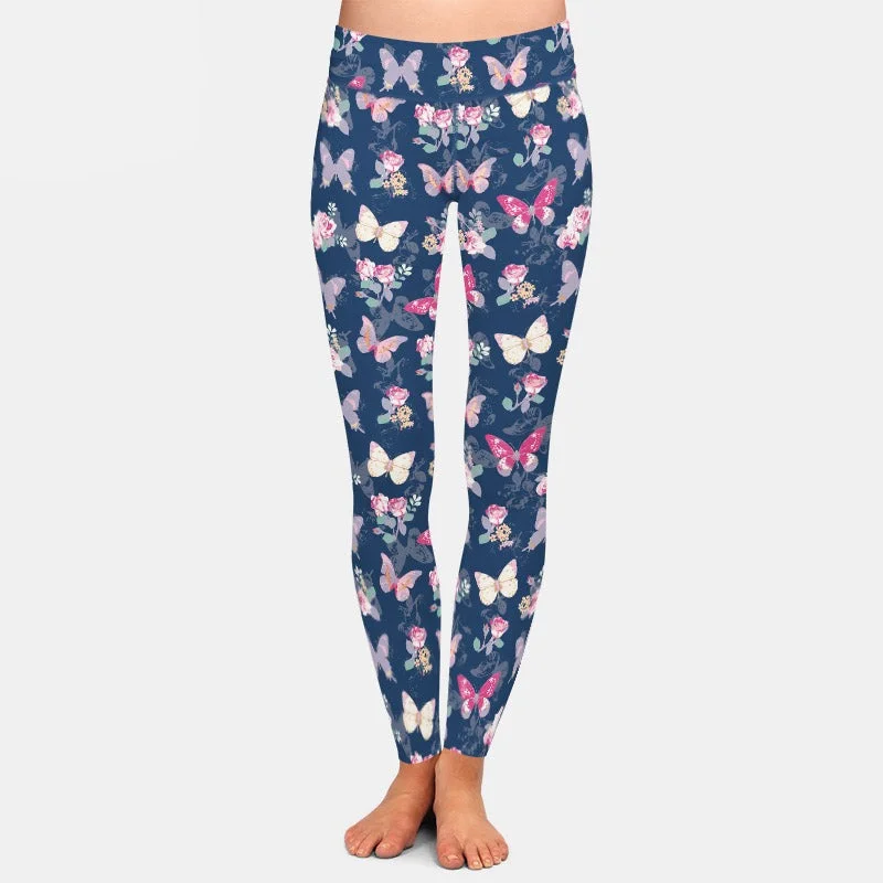 Ladies Super Soft Printed Roses With Butterflies Printed Leggings