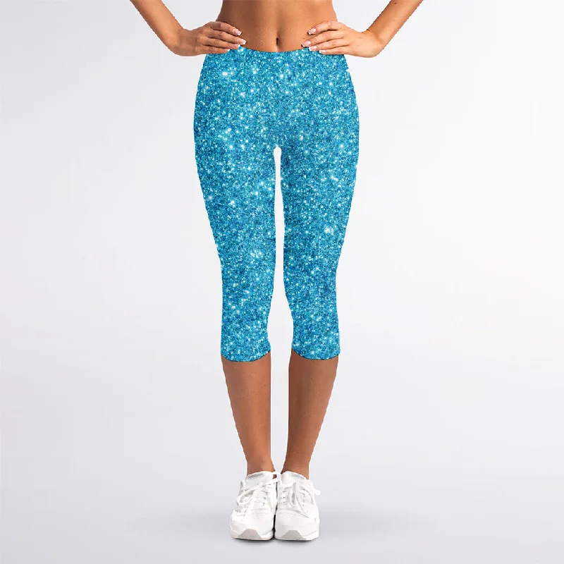 Ocean Blue (NOT Real) Glitter Print Women's Capri Leggings