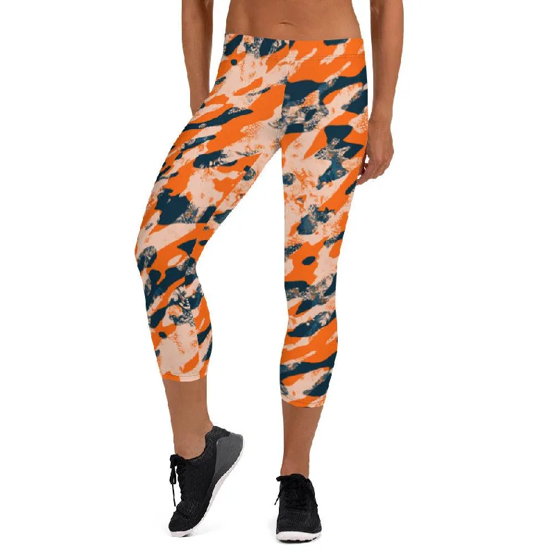 Orange Camouflage Women's Capri Leggings Trendy Seamless Sports Leggings