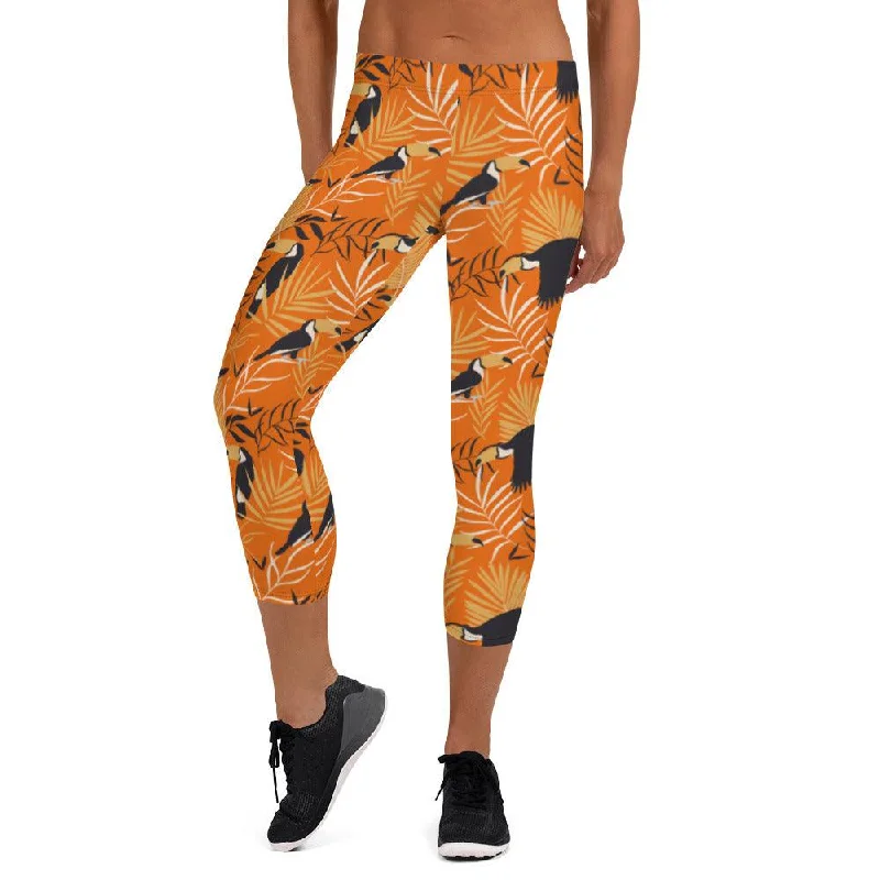 Orange Tropical Toucan Women's Capri Leggings Stylish Sporty Performance Leggings