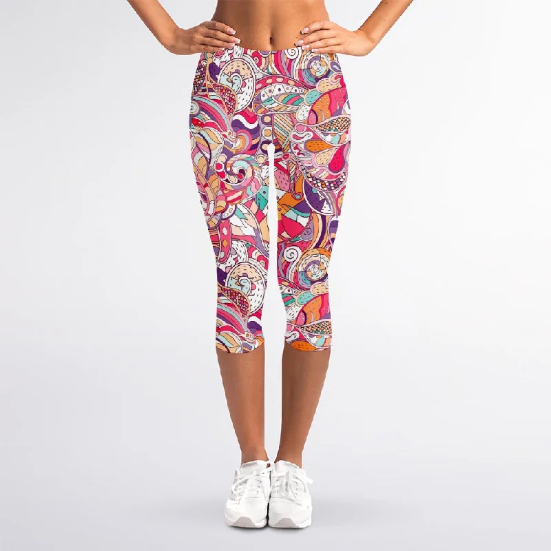 Pastel Bohemian Floral Pattern Print Women's Capri Leggings Trendy Minimalist Leggings Pastel Bohemian Floral Pattern Print Women's Capri Leggings Trendy Minimalist Leggings