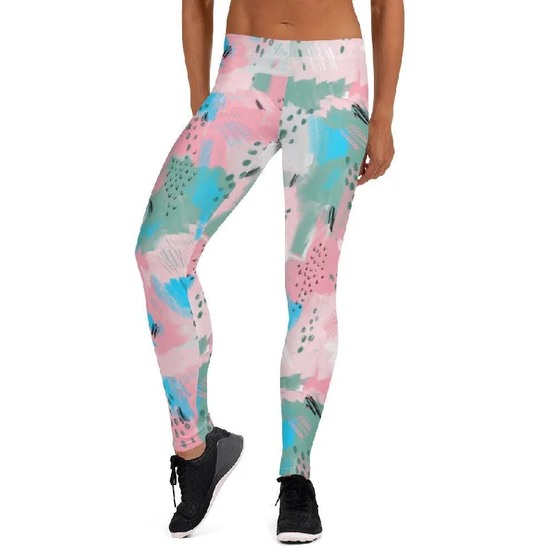 Pink Abstract Women's Mid-Rise Leggings Casual Slim-Fit Leggings
