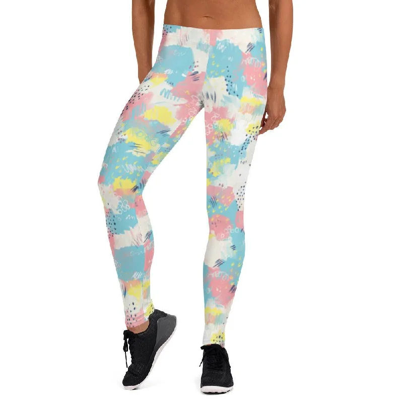 Pink and Blue Abstract Women's Mid-Rise Leggings Stylish Stretch-Waist Leggings
