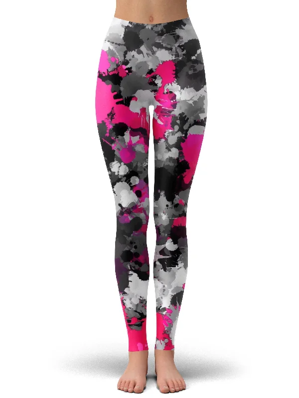 Pink and Grey Paint Splatter Leggings Fashionable Tummy Control Leggings
