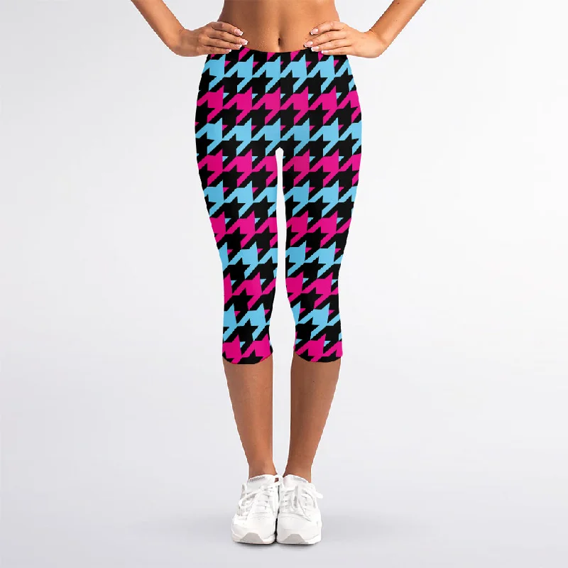 Pink Blue And Black Houndstooth Print Women's Capri Leggings