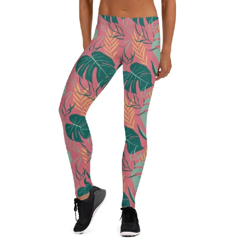 Pink Tropical Leaves Women's Mid-Rise Leggings Chic Smooth Fit Leggings