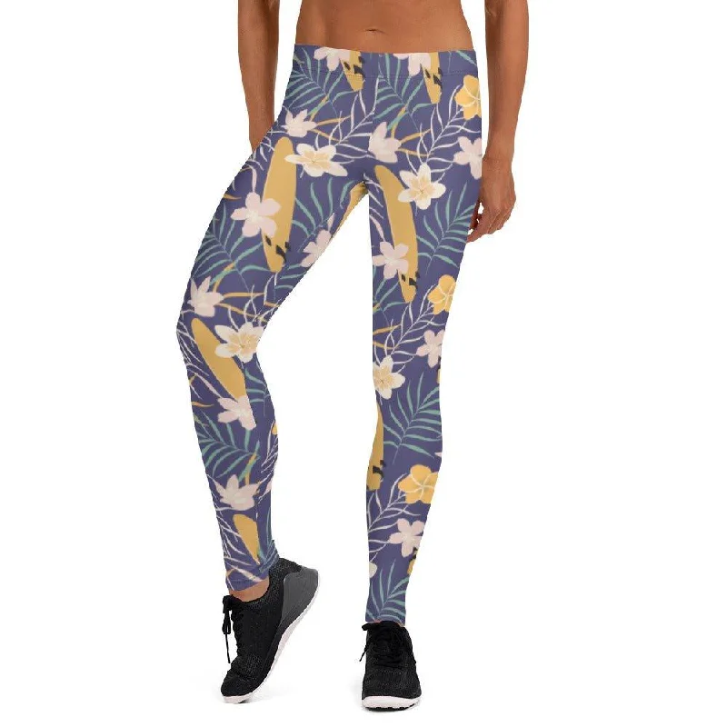 Purple Tropical Flower Women's Mid-Rise Leggings Chic Printed Yoga Pants