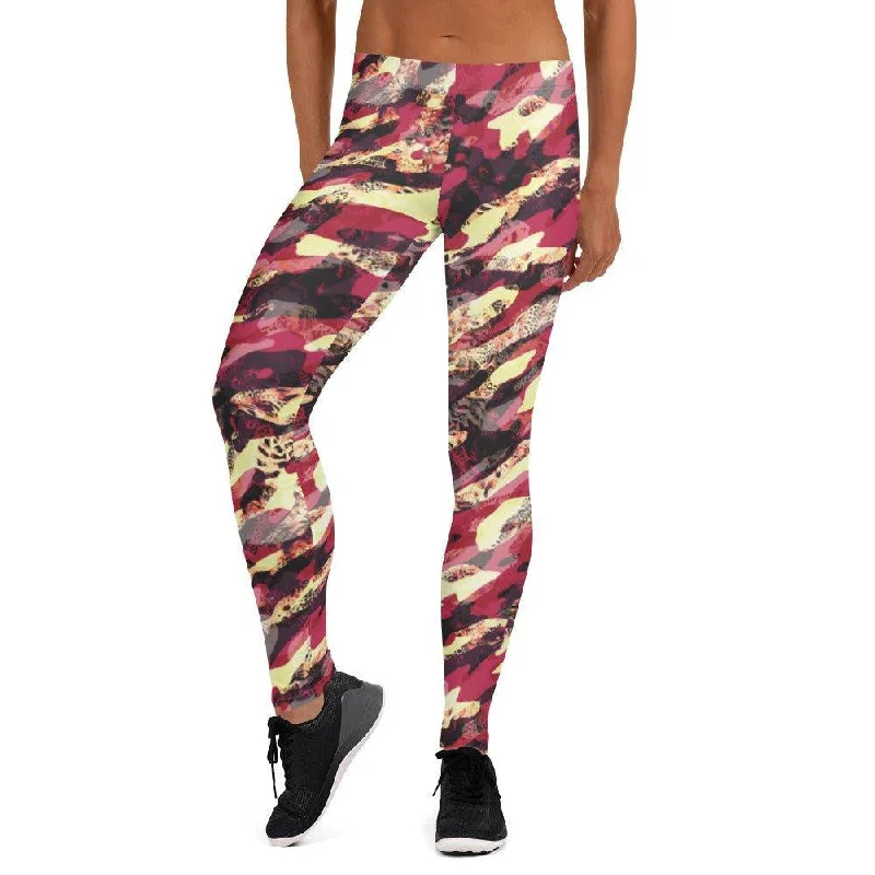 Red Camouflage Women's Mid-Rise Leggings Comfortable Tummy Shaping Leggings