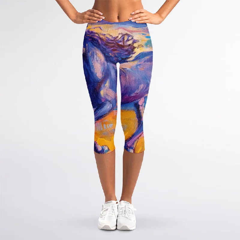 Sunset Horse Painting Print Women's Capri Leggings