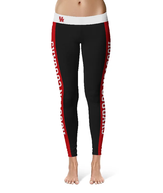 University of Houston Cougars Game Day Red Stripes Black Yoga Leggings for Women by Vive La Fete Fashionable Solid Color Tights