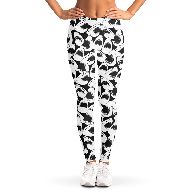 White And Grey Shark Pattern Print Women's Leggings