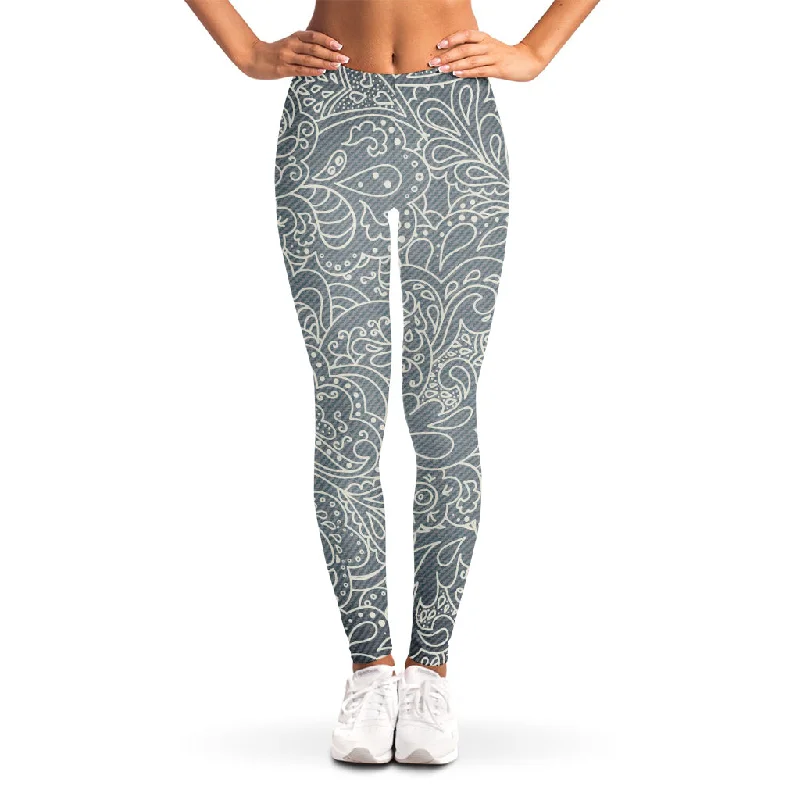 White And Grey Western Floral Print Women's Leggings