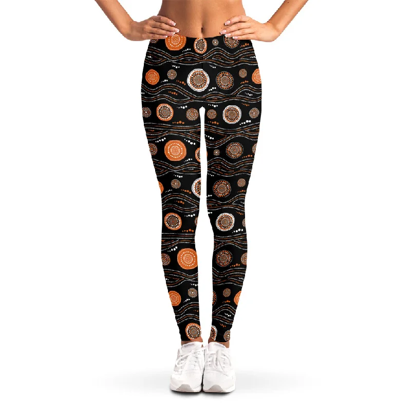 White And Orange Aboriginal Dot Print Women's Leggings