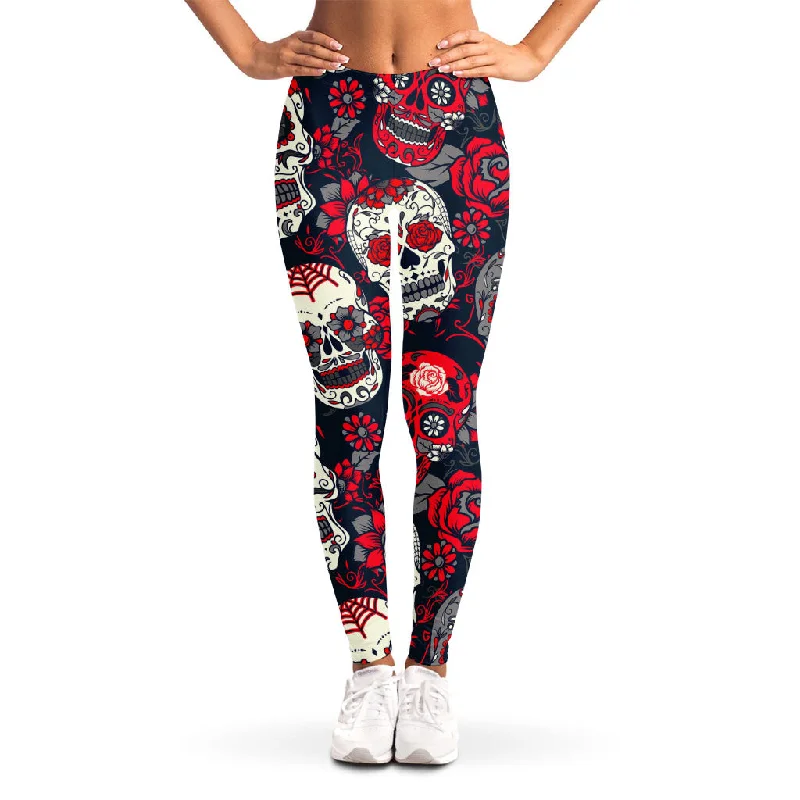 White Red Sugar Skull Pattern Print Women's Leggings