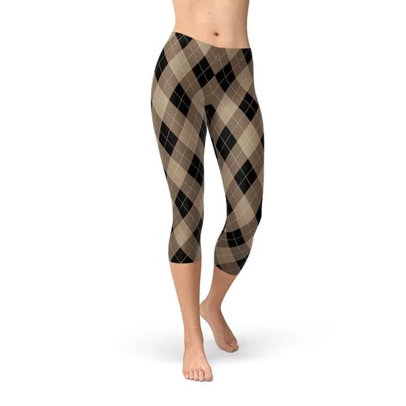 Womens Beige Brown Argyle Capri Leggings Stylish Ankle-Length Leggings