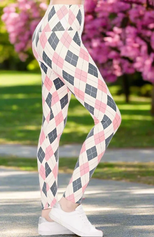 Womens Pink Argyle Leggings, Diamond Printed Leggings, Soft Yoga Pants, Sizes 0-20, Yoga Waist, Pink/Gray Chic Smooth Fit Leggings Womens Pink Argyle Leggings, Diamond Printed Leggings, Soft Yoga Pants, Sizes 0-20, Yoga Waist, Pink/Gray Chic Smooth Fit Leggings