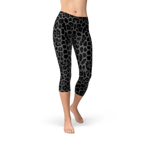 Womens Black Leopard Spots Capri Leggings Cozy Textured Workout Leggings