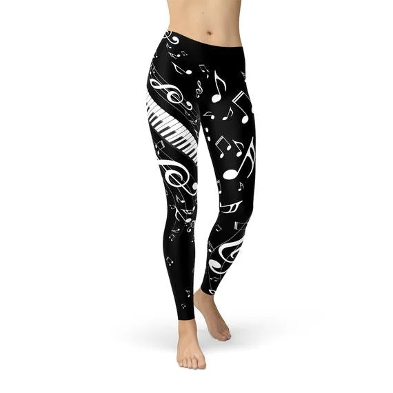 Womens Piano Notes Black Leggings Elegant Textured Leggings