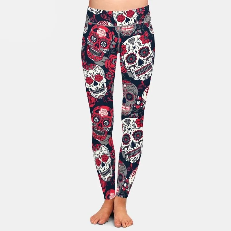 Womens Skulls & Flowers Digital Printed Leggings