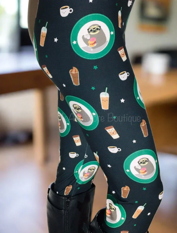 Womens Sloth Coffee Donut Leggings, Soft Yoga Pants, Sizes OS/TC, Black/Green, Exclusive Leggings Trendy Polka Dot Leggings