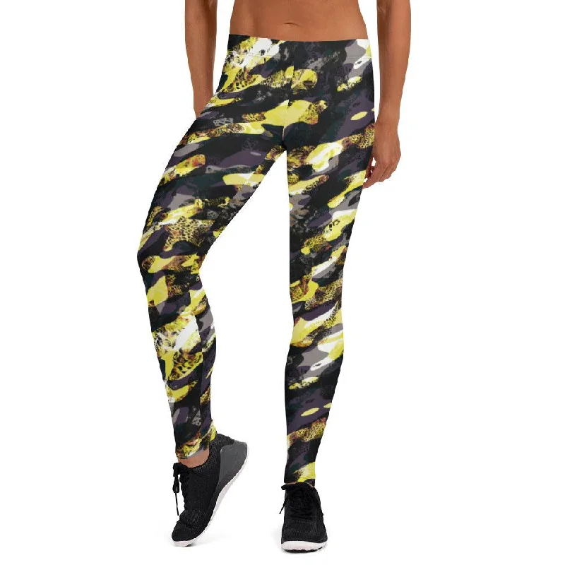 Yellow Camouflage Women's Mid-Rise Leggings Stylish Printed Sport Leggings