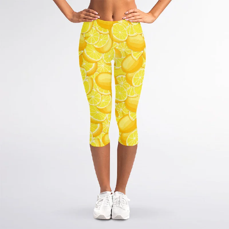 Yellow Lemon Pattern Print Women's Capri Leggings