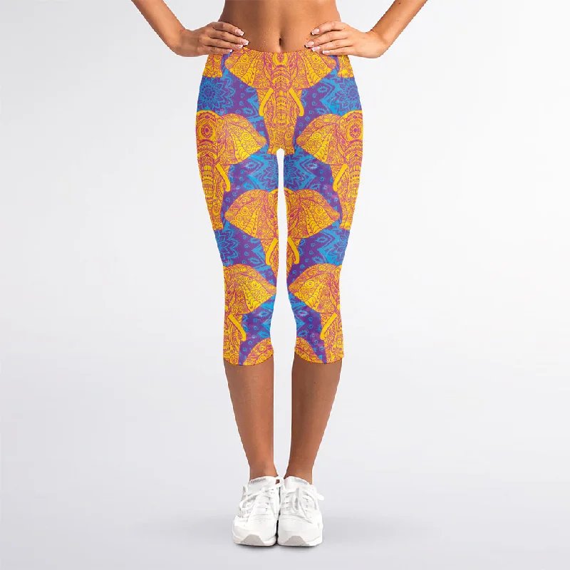 Yellow Mandala Elephant Pattern Print Women's Capri Leggings