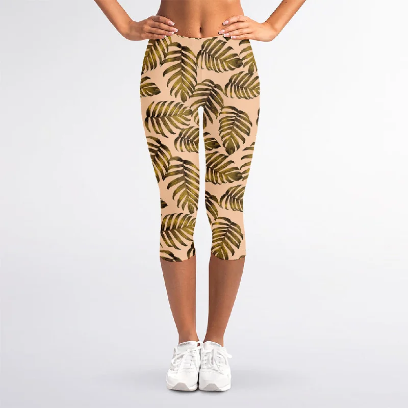 Yellow Monstera Leaves Pattern Print Women's Capri Leggings