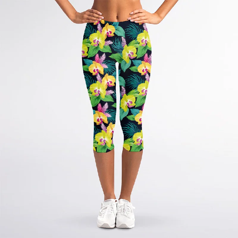 Yellow Orchid Pattern Print Women's Capri Leggings