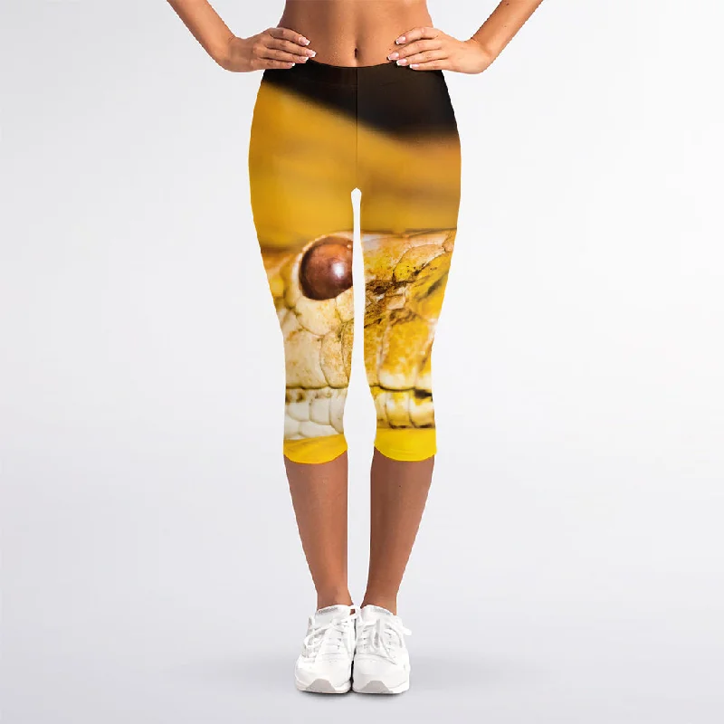 Yellow Python Snake Print Women's Capri Leggings