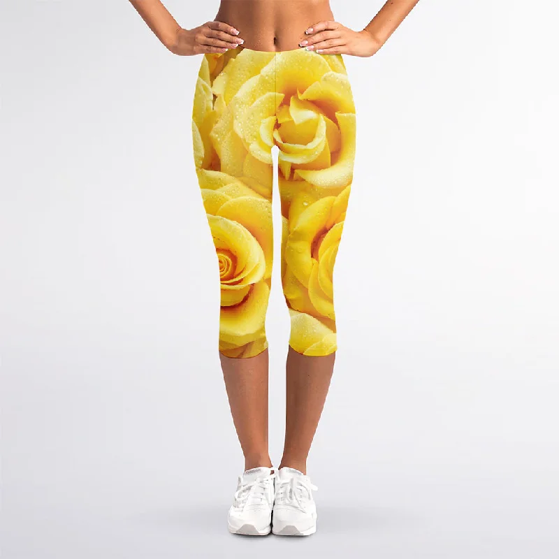 Yellow Rose Print Women's Capri Leggings