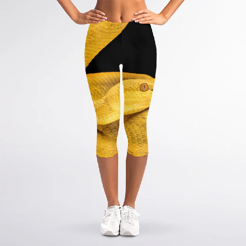 Yellow Snake Print Women's Capri Leggings