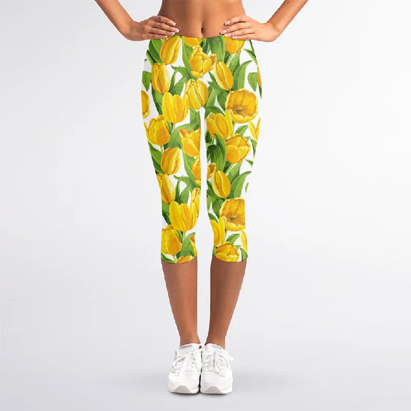 Yellow Spring Tulip Pattern Print Women's Capri Leggings