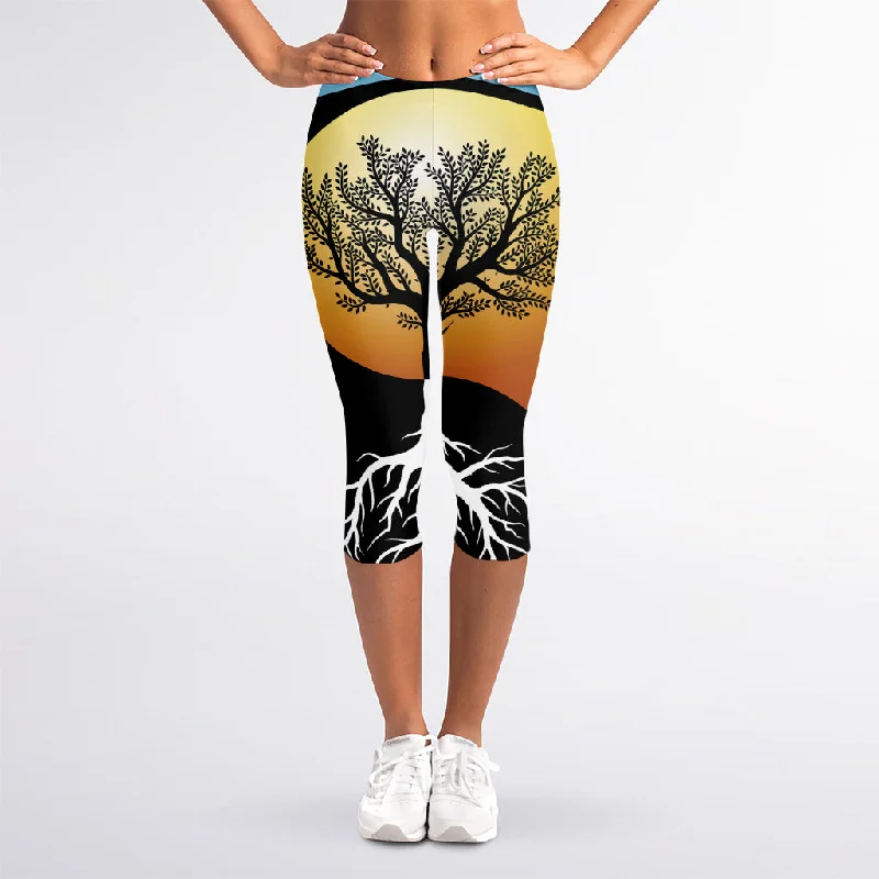 Yin Yang Tree Of Life Print Women's Capri Leggings