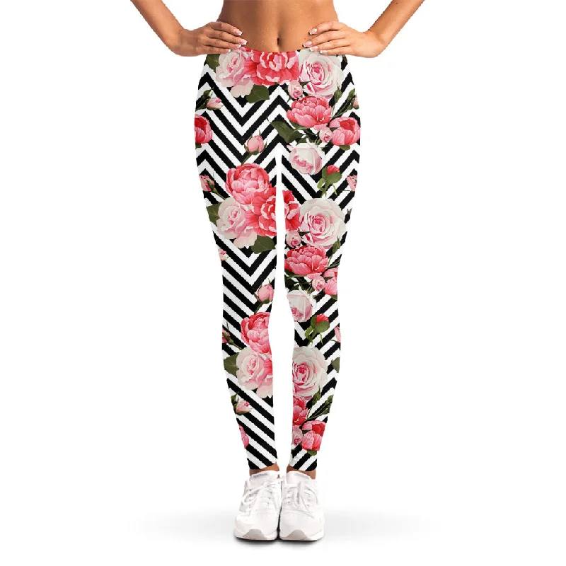 Zigzag Peony And Rose Pattern Print Women's Leggings