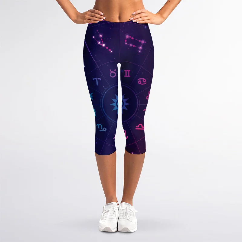 Zodiac Symbols Wheel Print Women's Capri Leggings