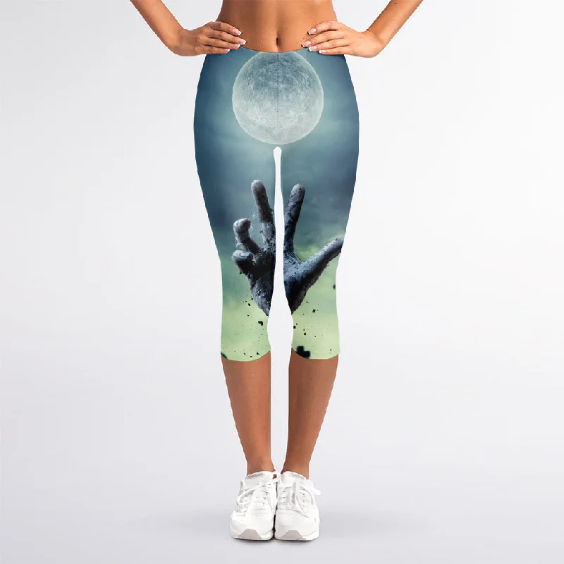 Zombie Hand Rising From Grave Print Women's Capri Leggings