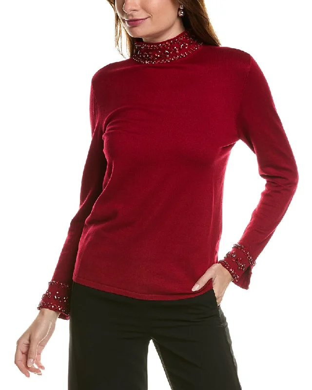 Anne Klein Mock Neck Sweater Striped Floral Plaid