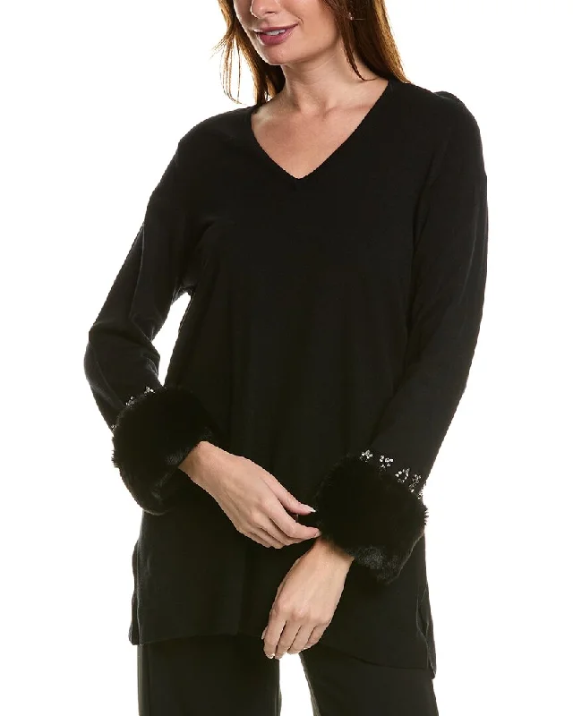 Anne Klein V-Neck Sweater Print Jacquard Patchwork