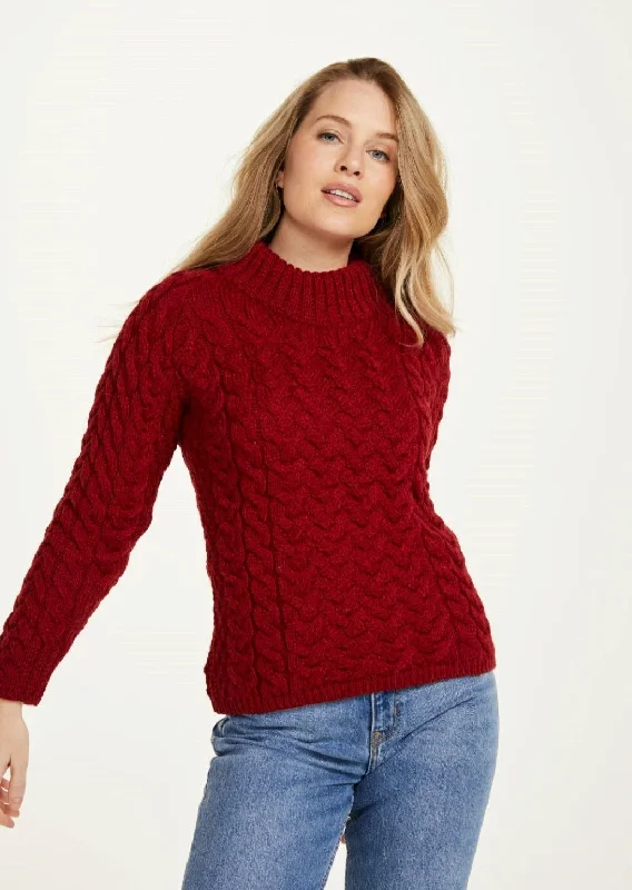 Aran Crew Neck Sweater | Red Satin Blend Silk Blend Wool Blend