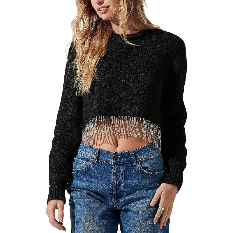 ASTR the Label Womens Wool Blend Rhinestone Crop Sweater Chenille Brocade Lace