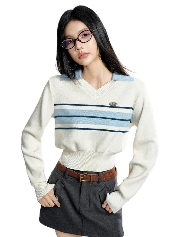 Beige Polo Collar Color-block Sweater Transparent Opaque Sheer