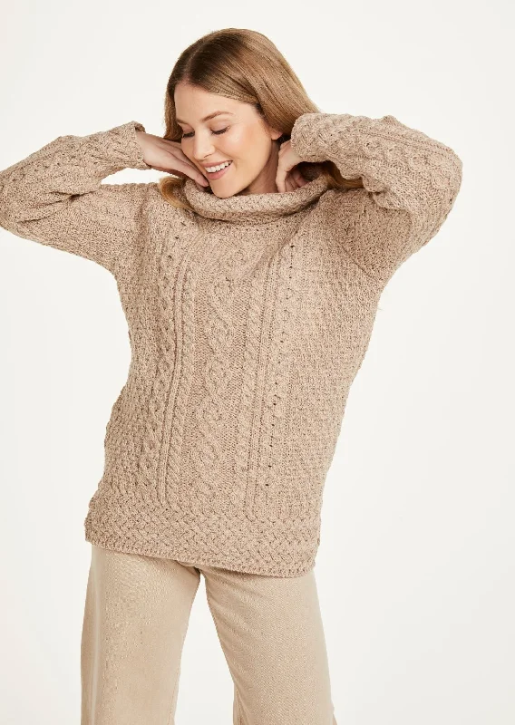 Belcare Ladies Aran Roll Neck Sweater | Oatmeal Iron Safe Non-Iron Wrinkle Free