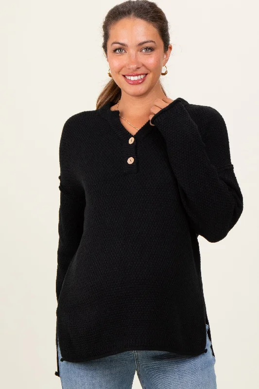 Black Diamond Knit Button Detail Maternity Sweater High Neck Crew Neck V-Neck
