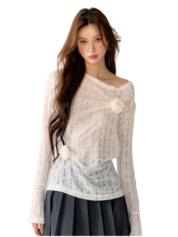 Black & Gray Hollow Knit 3D Floral Sweater